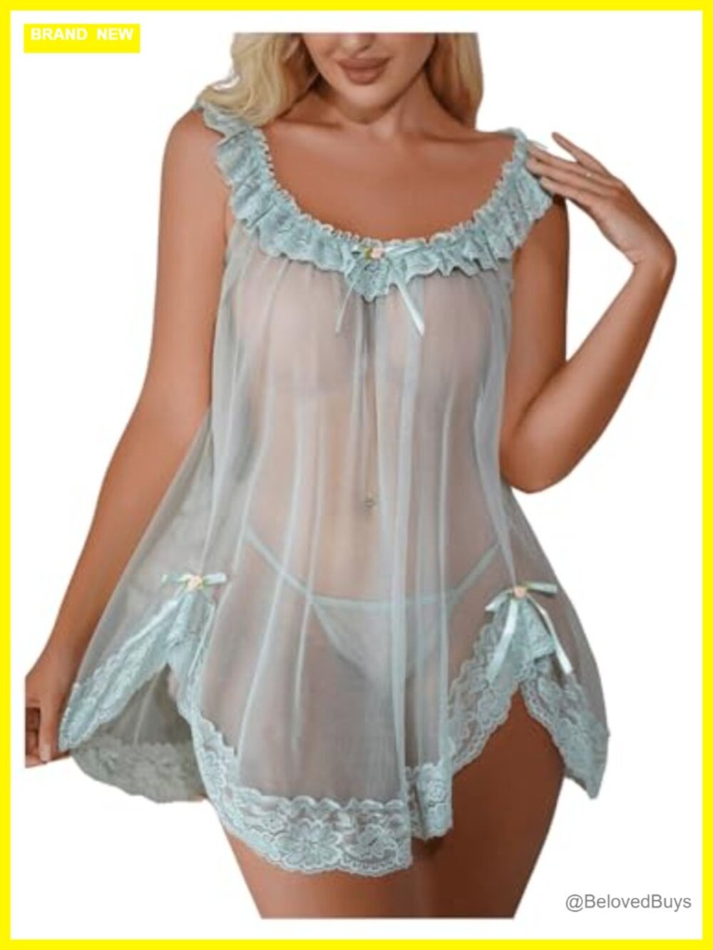 Mesh Sheer Lace Babydoll Dress Thong 2 Piece Lingerie Set